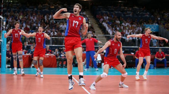 Эмоции российских волейболистов после победы на Олимпиаде в Лондоне в 2012 году. Фото Global Look Press