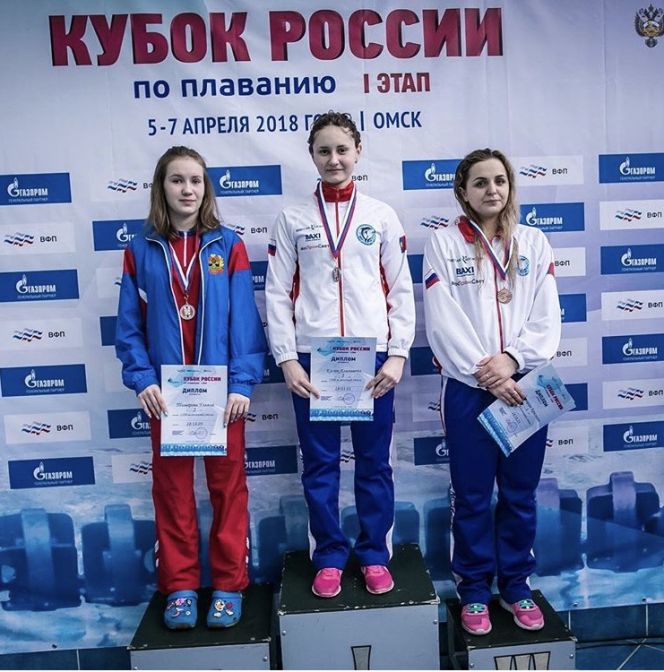 Елизавета Косюк (в центре), победительница 1 этапа Кубка России, Омск-2018