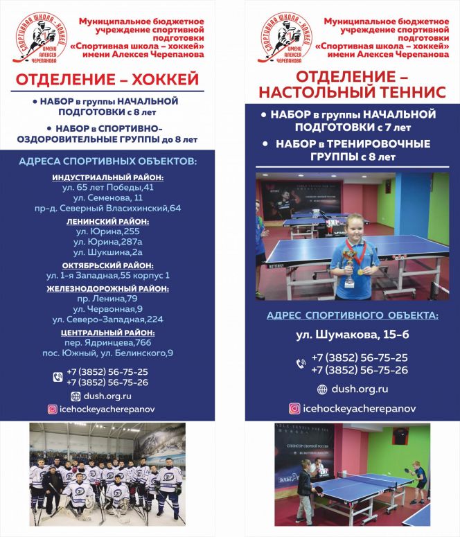 Спортивная школа имени Алексея Черепанова проводит набор детей для занятием хоккеем и настольным теннисом